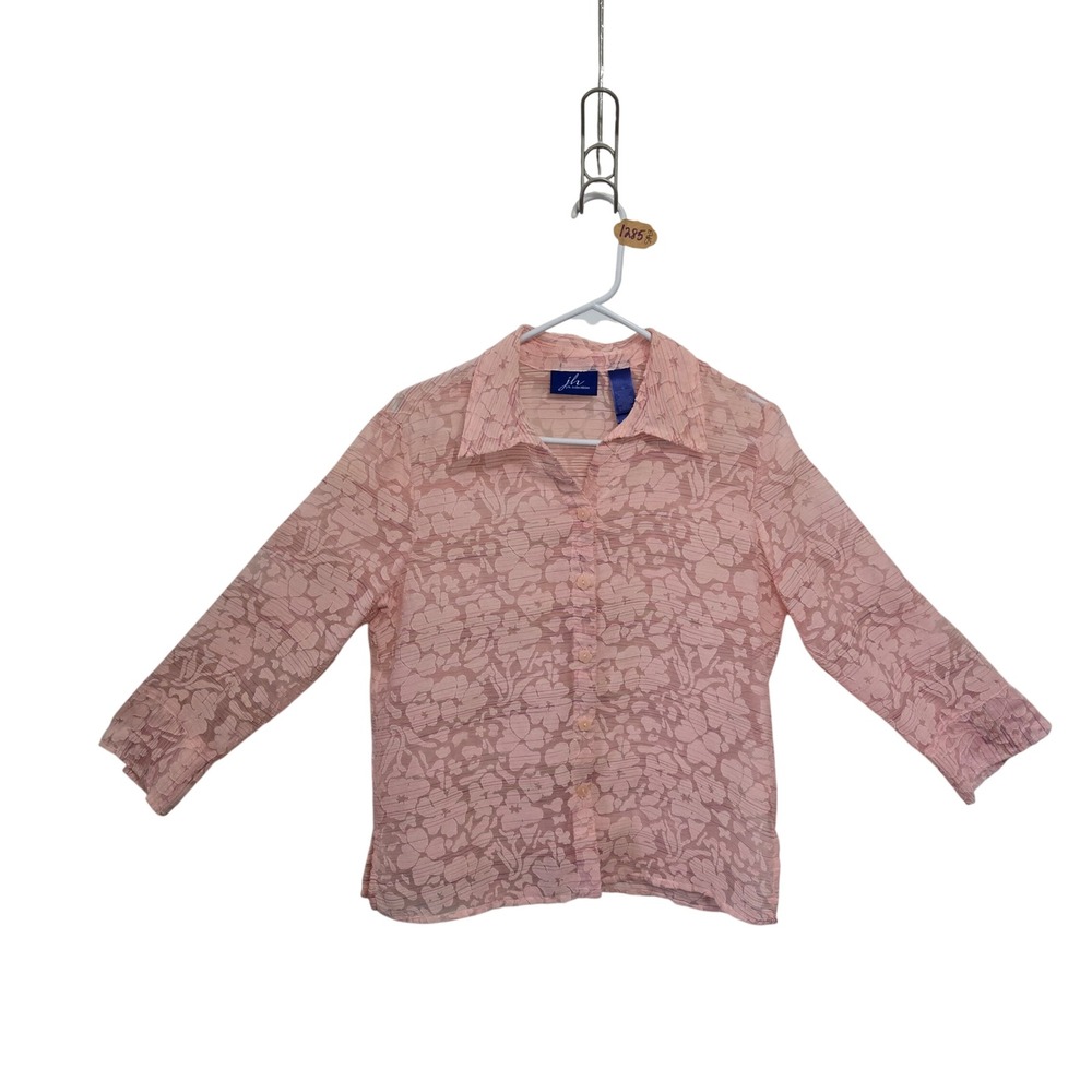 JH Collectibles Pink Floral Sheer Blouse 3/4 Sleeve Button Up Top Womens Medium